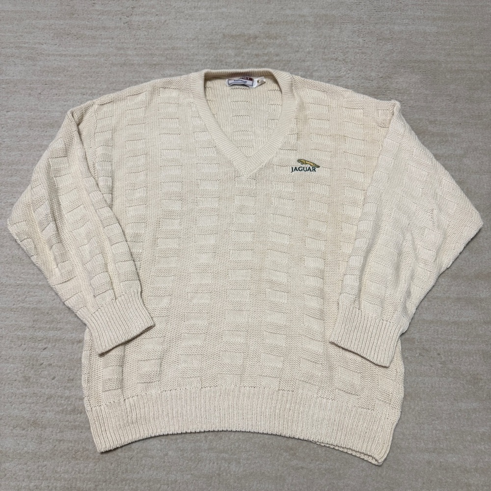 Vintage Jaguar Auto Car Cable Knit Sweater Beige XL Embroidered Luxury Preppy